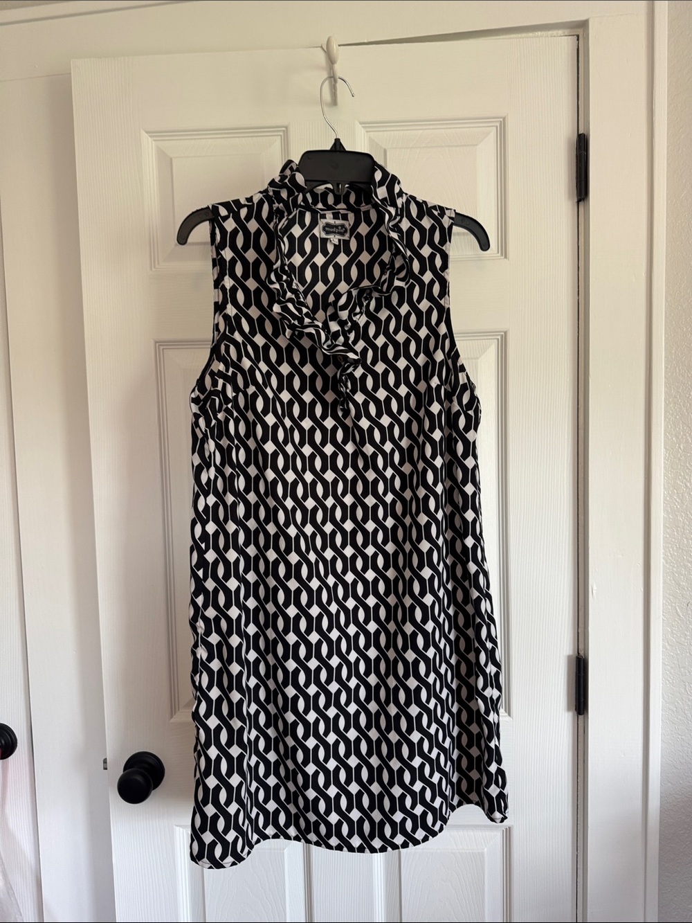 Mud Pie Black and White Geometric Sleeveless Dress with Ruffle Collar